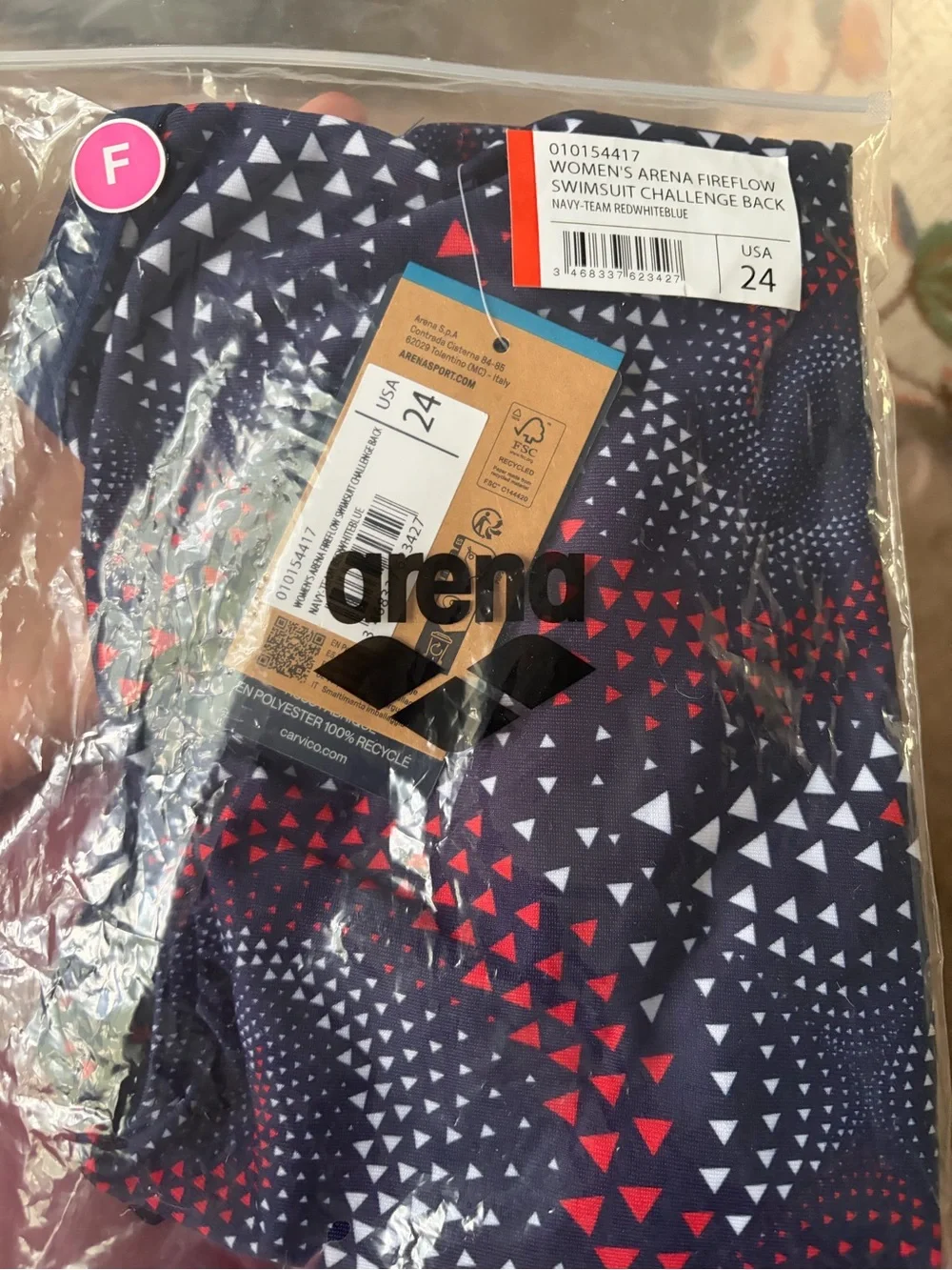Brand new Arena size 24 Girls' Navy Red Triangle Swirl One-Piece Swimsuit